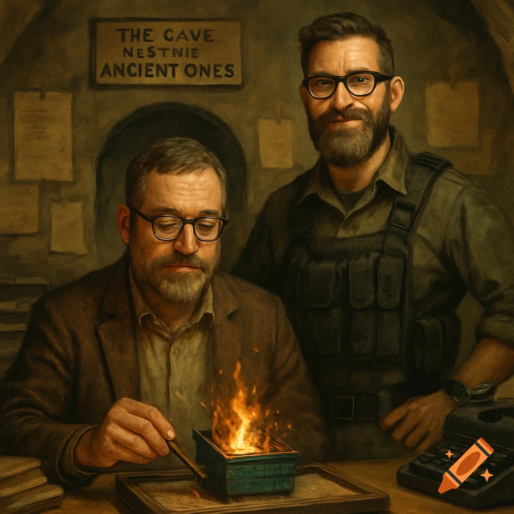Two bearded men in glasses. One tends a tiny dumpster fire on a desk, the other stands behind in tactical gear, in a cave-like office with a sign overhead.