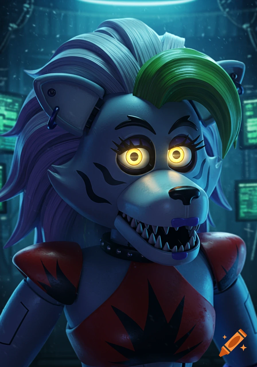 Close-up portrait of Roxanne Wolf from Five Nights at Freddy's, an animatronic wolf with glowing eyes and spiky hair, in a dark, futuristic setting.