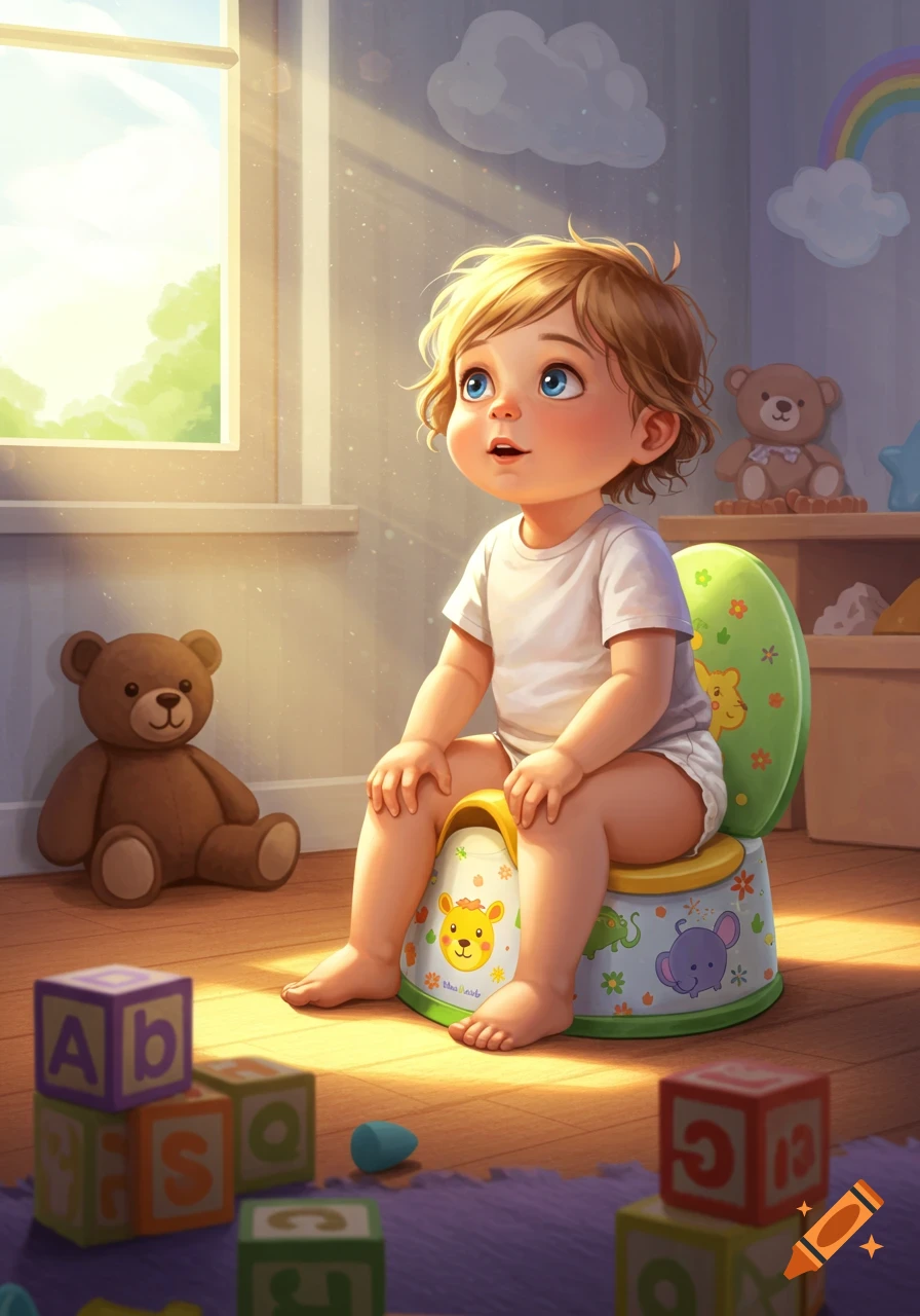 A cute toddler with blue eyes sits on a colorful potty in a brightly lit room with toy blocks and teddy bears.