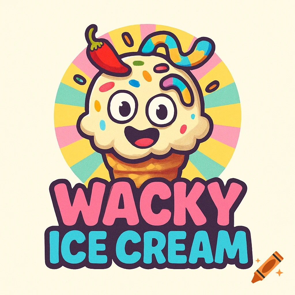 A cartoon logo for WACKY ICE CREAM featuring a smiling scoop of ice cream with sprinkles, a red chili pepper, and a colorful worm-like topping, against a yellow and pink striped background.
