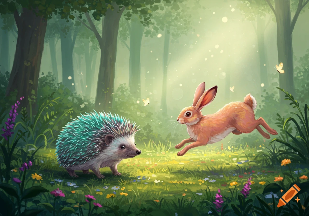 A teal-quilled hedgehog looks at a jumping brown rabbit in a sunlit, whimsical forest clearing filled with colorful flowers.