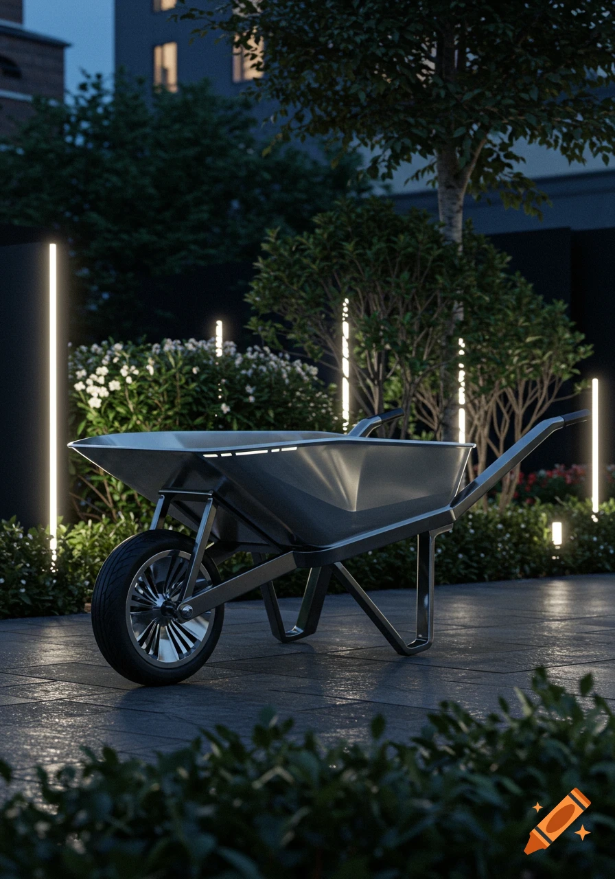 A sleek, modern wheelbarrow with a metallic finish, parked on a wet paved patio at night, surrounded by lush plants and illuminated by tall vertical light fixtures.