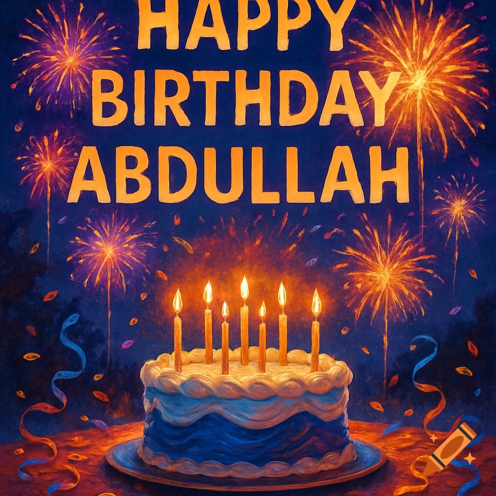 A vibrant digital painting of a birthday cake with lit candles, set against a dark blue sky with orange fireworks, and "HAPPY BIRTHDAY ABDULLAH" in large orange letters.
