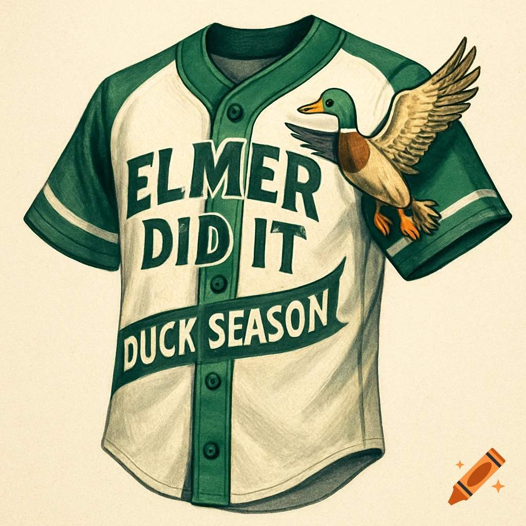 A green and white baseball jersey with 'ELMER DID IT' and 'DUCK SEASON' text, featuring a mallard duck, in an illustrative style.