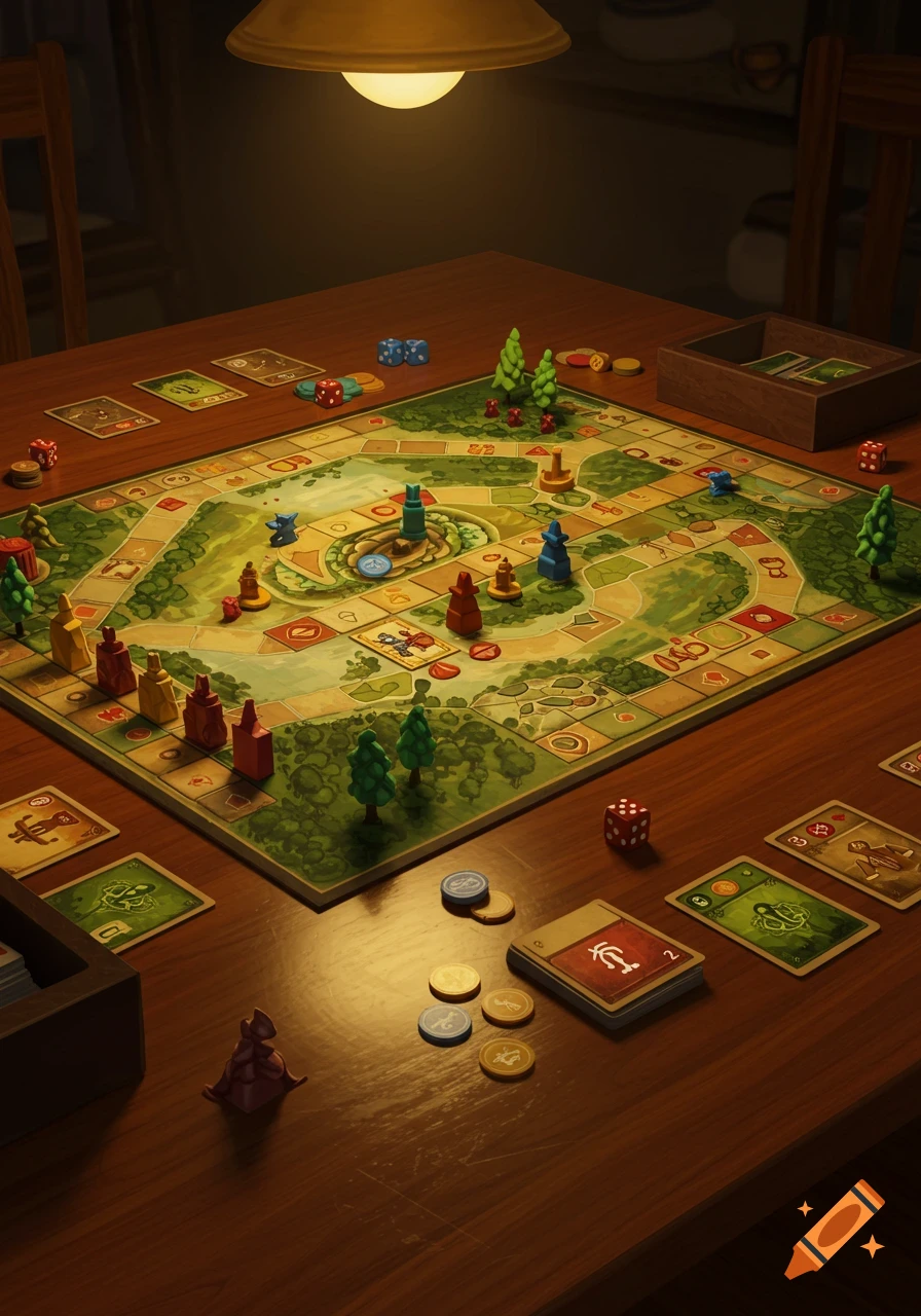 A close-up of a brightly lit board game on a wooden table, with various colorful pieces, cards, and dice.