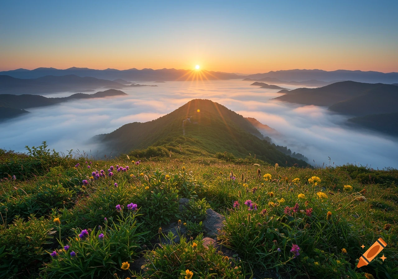 A vibrant mountain landscape at sunrise, with a valley filled with fog or clouds and wildflowers in the foreground.