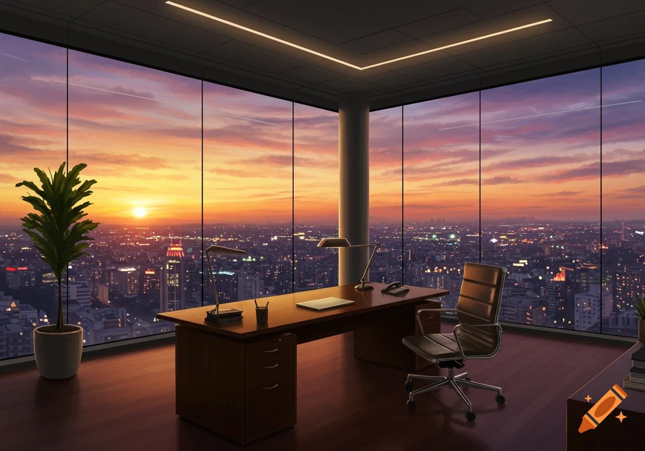 A modern office with a large window overlooking a city skyline at sunset, featuring a desk, chair, and potted plant.