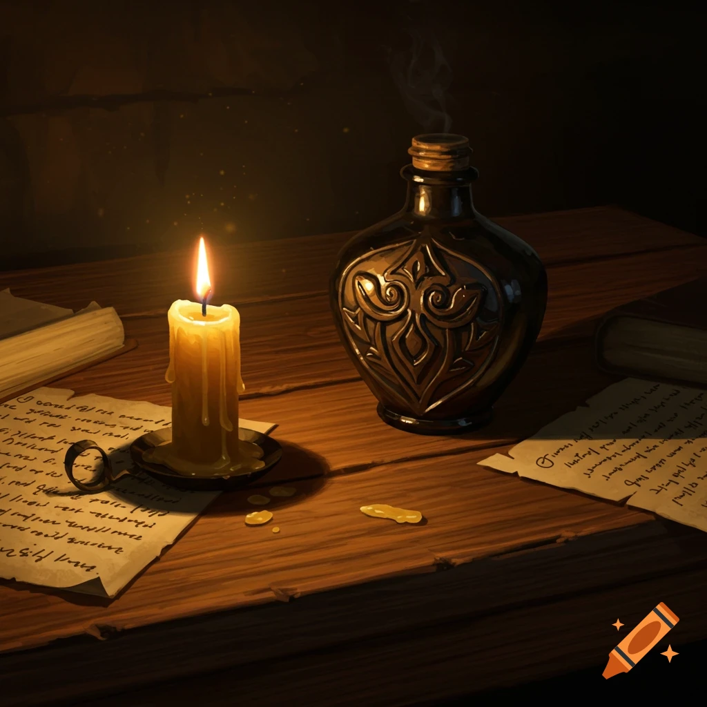 A lit candle, a decorative antique bottle, and old papers with illegible writing on a rustic wooden table in a dimly lit room.