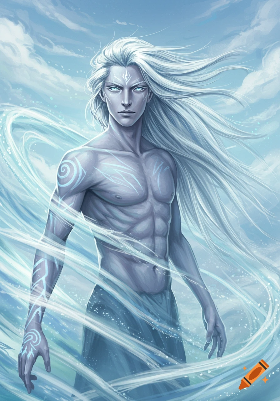 A fantasy male character with long white hair, glowing blue eyes, tribal markings, and swirling wind around him.
