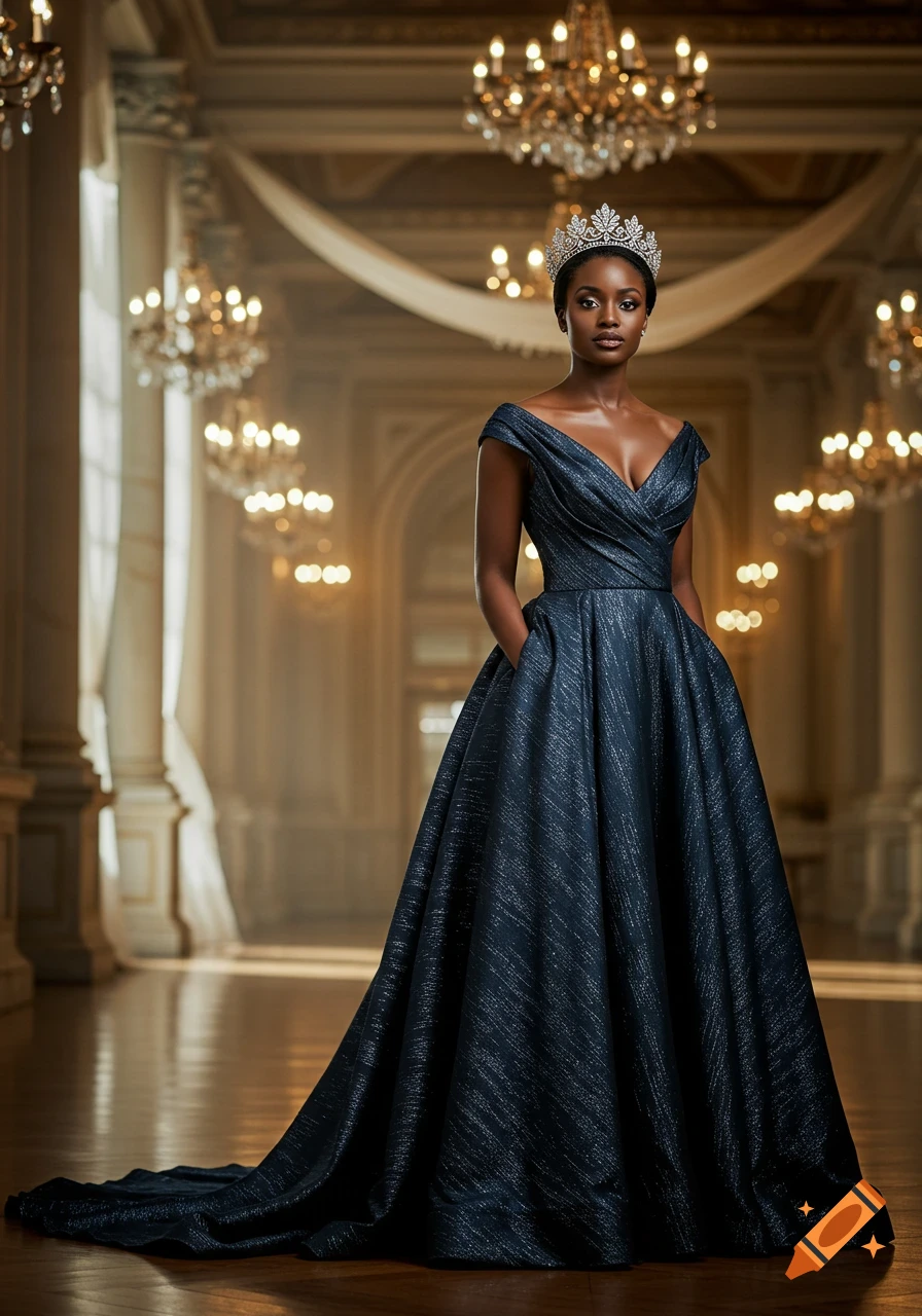 A Black woman in a shimmering off-shoulder navy ball gown and a diamond tiara stands in a lavish hall with chandeliers.
