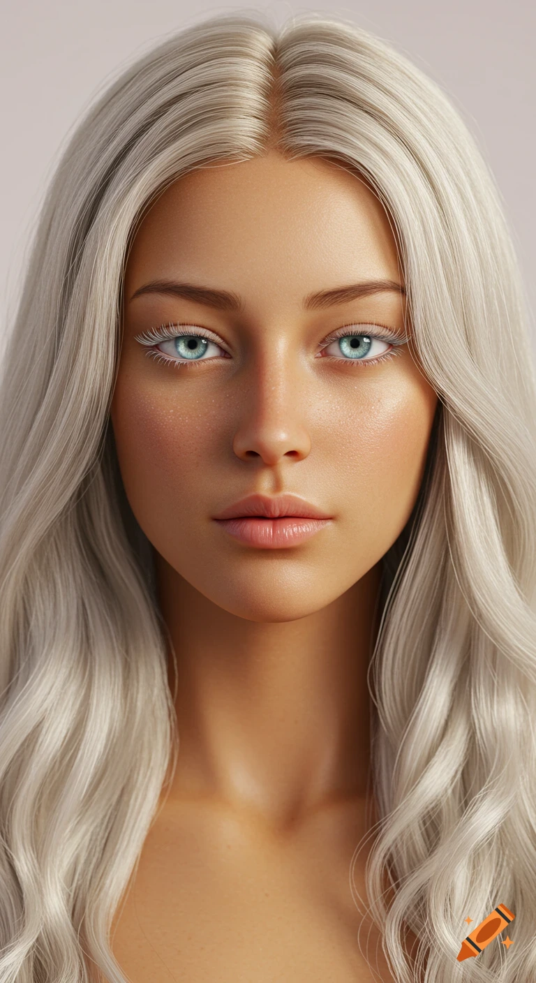 Photorealistic close-up portrait of a woman with long wavy light blonde hair, icy cyan eyes, and warm tan skin.
