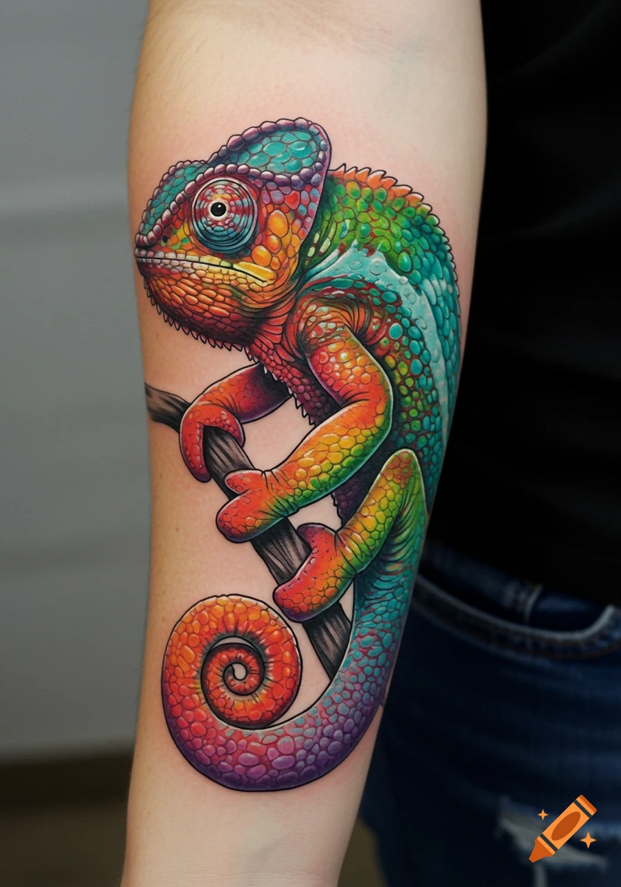 A vibrant rainbow-colored chameleon tattoo gripping a branch on an arm, showcasing various bright hues.