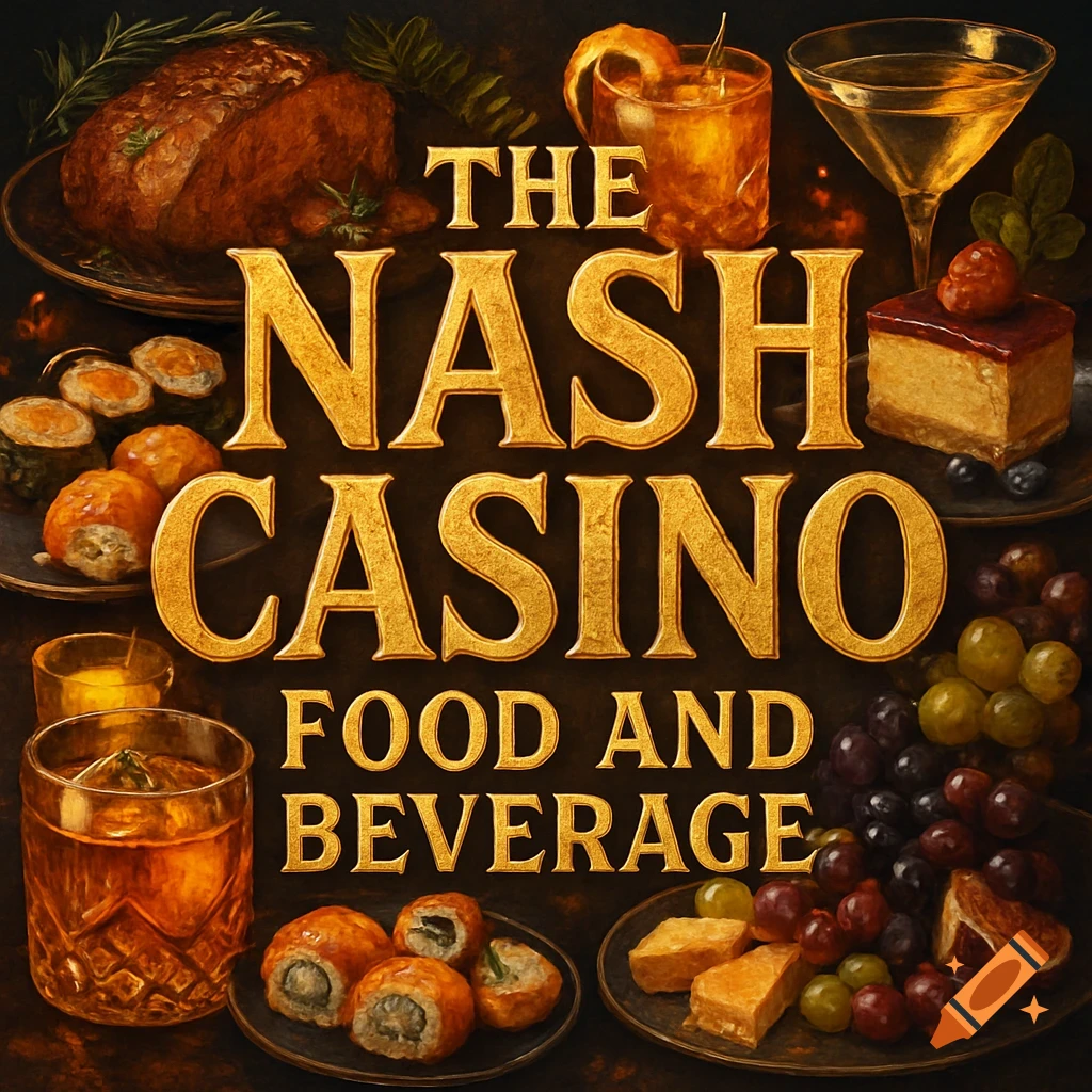 Golden text 'THE NASH CASINO FOOD AND BEVERAGE' surrounded by various dishes, cocktails, and fruit in a rich, dark setting.