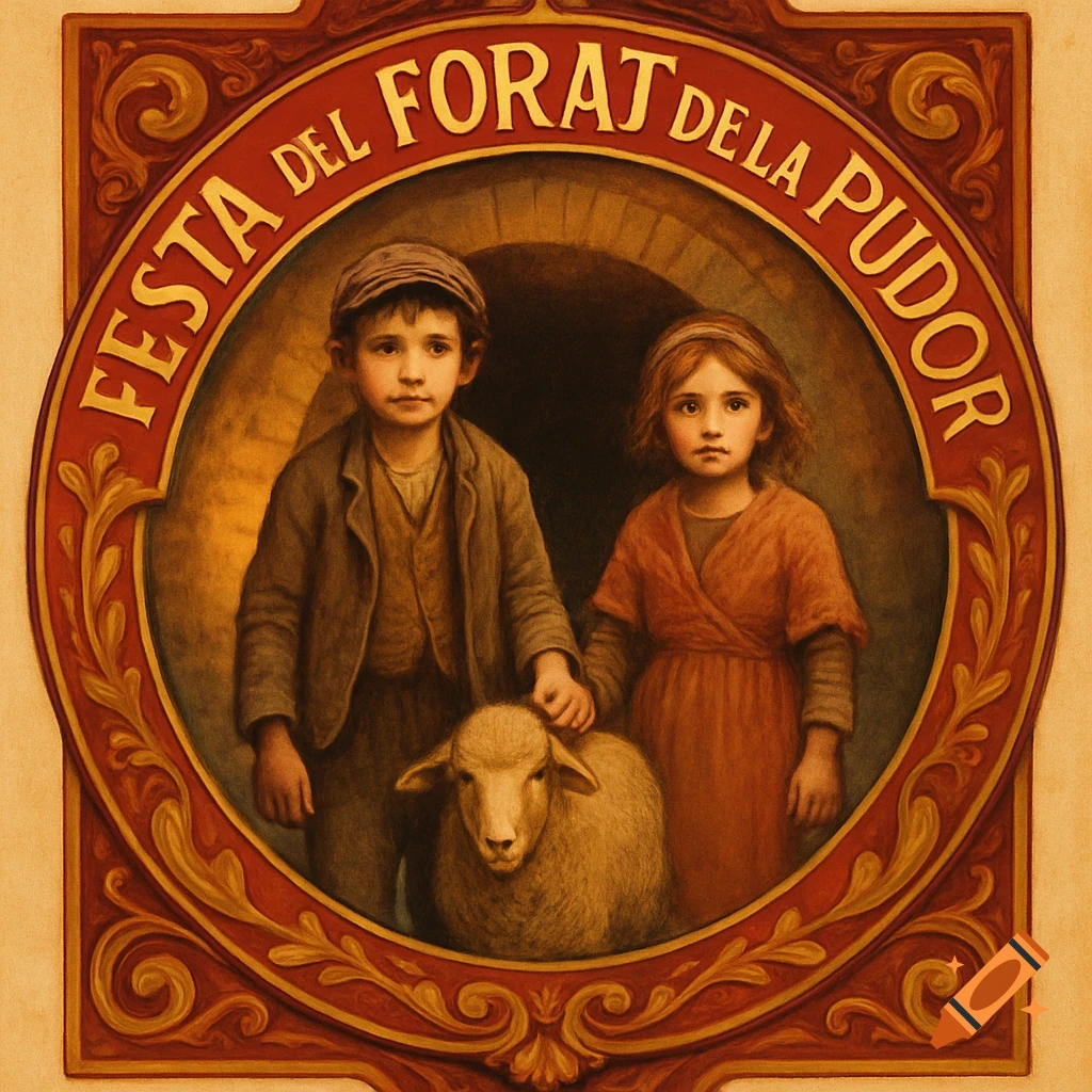 Vintage emblem painting of two children and a sheep in front of a tunnel, framed by an ornate red and gold circle with 'FESTA DEL FORAT DE LA PUDOR' text.