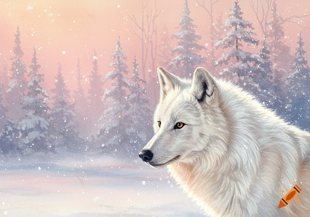 Watercolor painting of a white wolf looking left in a snowy forest at dawn.