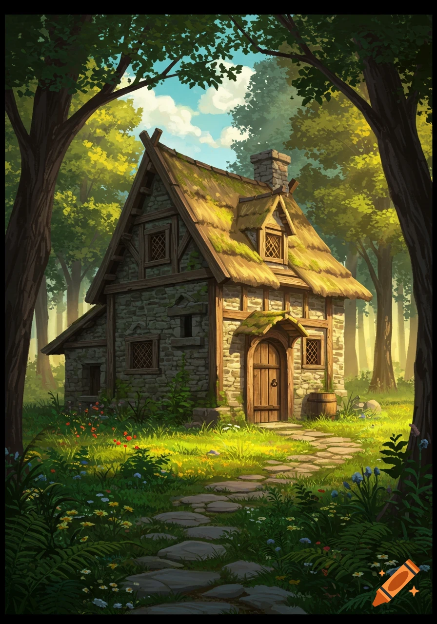A stone and thatch medieval house nestled in a vibrant green forest, with a winding stone path in a storybook art style.