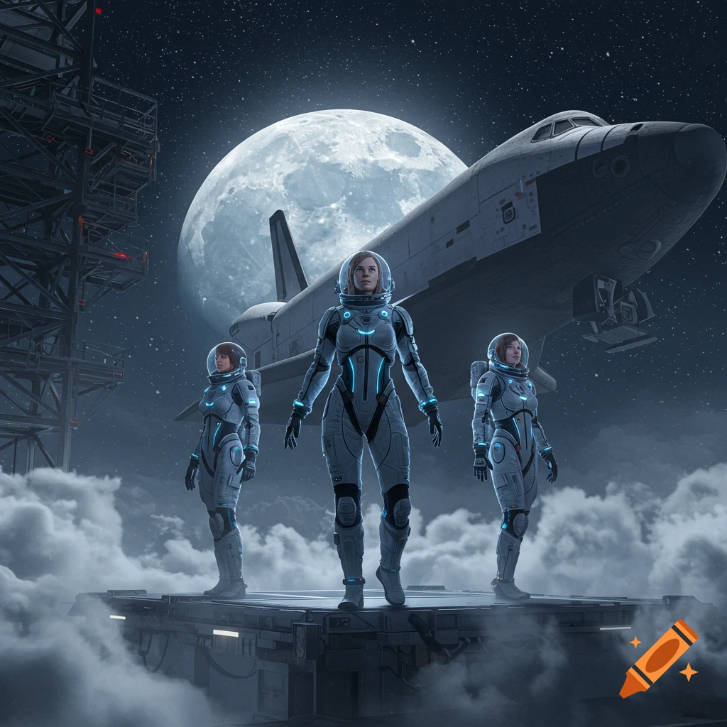 Three female astronauts in futuristic suits stand on a platform with a space shuttle and a large moon in the starry night sky.