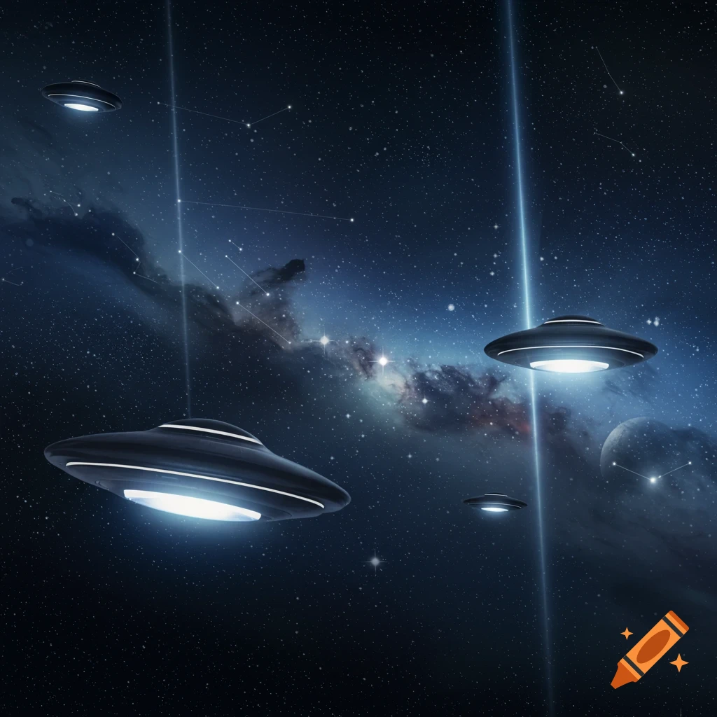 Flying saucers illuminated in a star-filled space sky with glowing beams and a nebula.