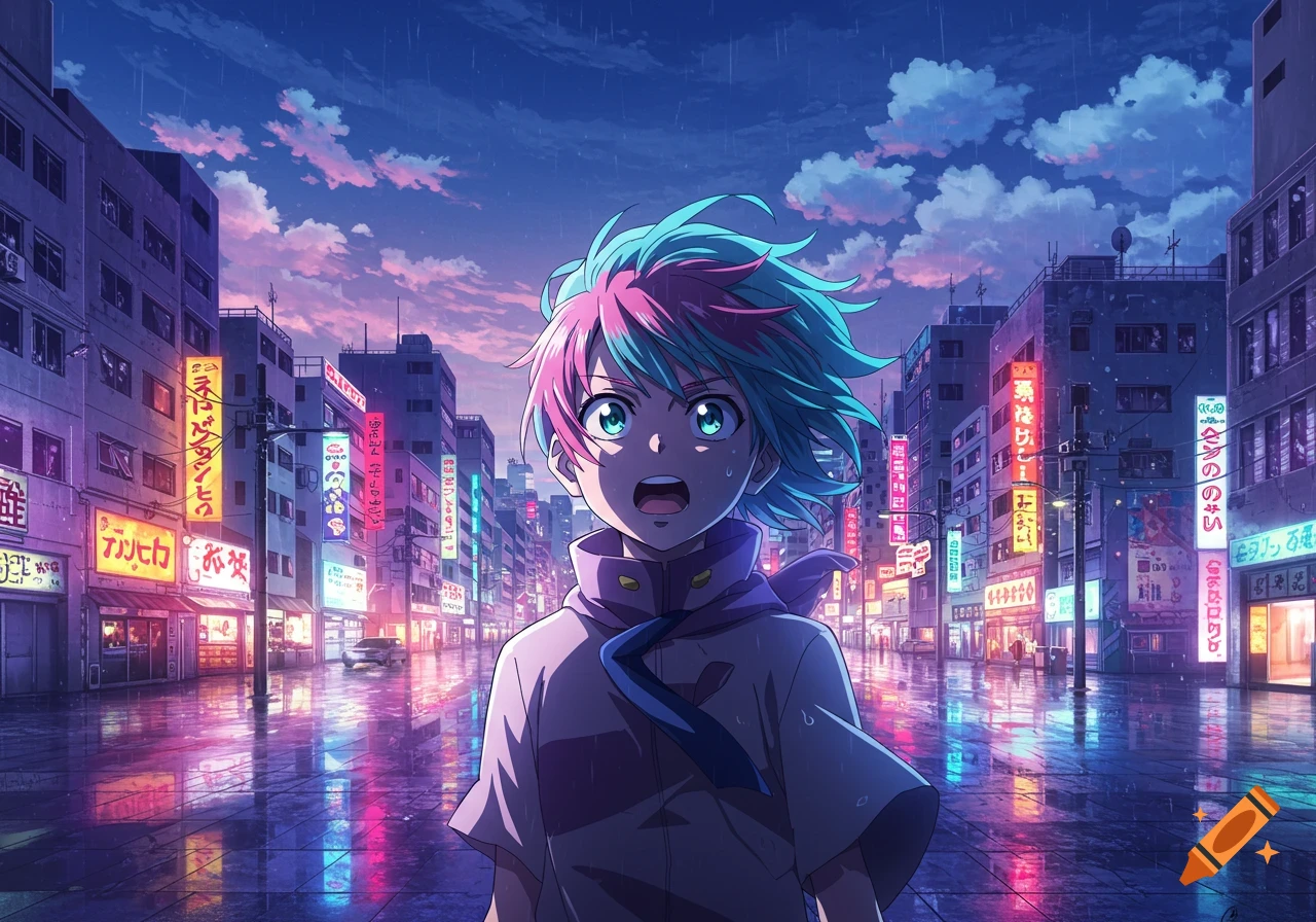 An anime character with pink and blue hair stands in a rainy, neon-lit city street at dusk, looking shocked.