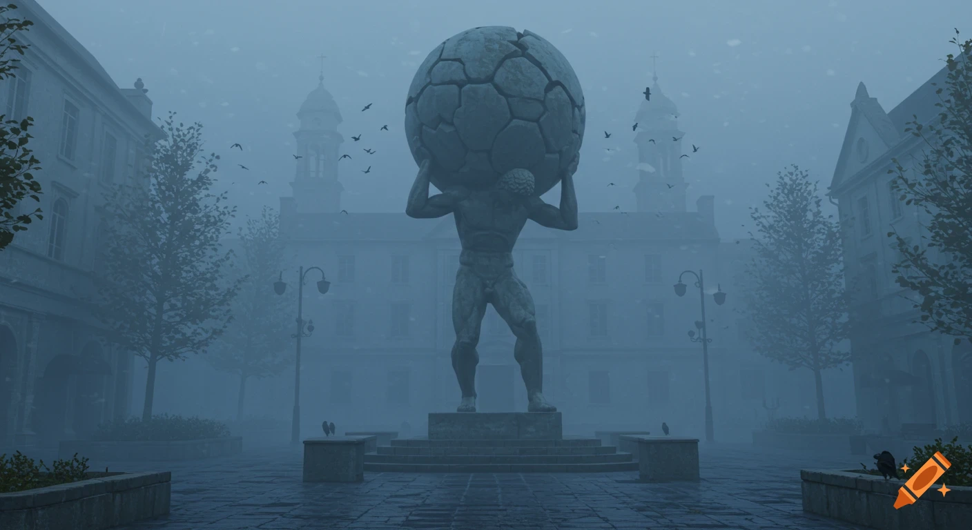 A moody, cinematic shot of a stone statue of Atlas carrying a cracked globe in a misty town square with birds flying.