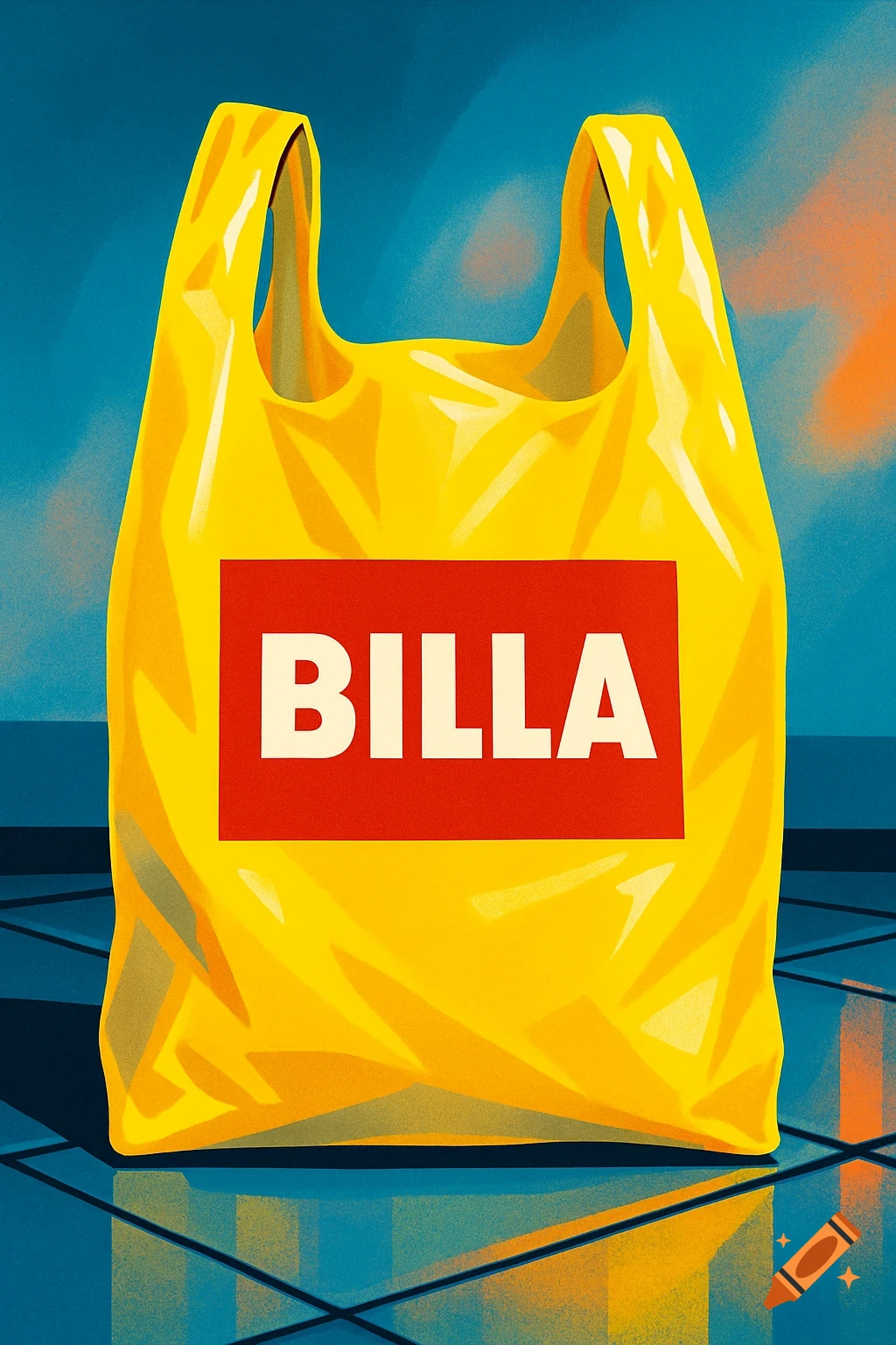 A yellow plastic shopping bag with a red rectangle containing the word "BILLA" in white text, in a graphic illustration style.
