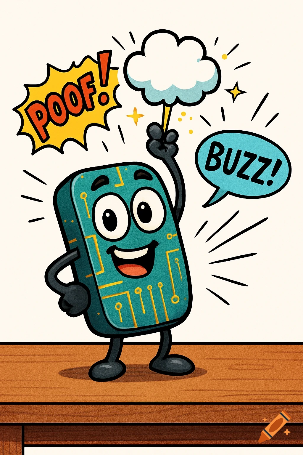 A cheerful cartoon logic circuit character with a smile stands on a table, holding a small cloud, with "POOF!" and "BUZZ!" comic bubbles.