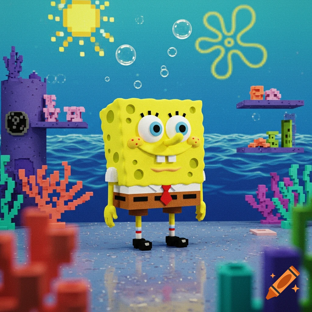 SpongeBob SquarePants stands underwater in a vibrant 3D pixel art style scene with pixelated coral, structures, and a clear blue sea.