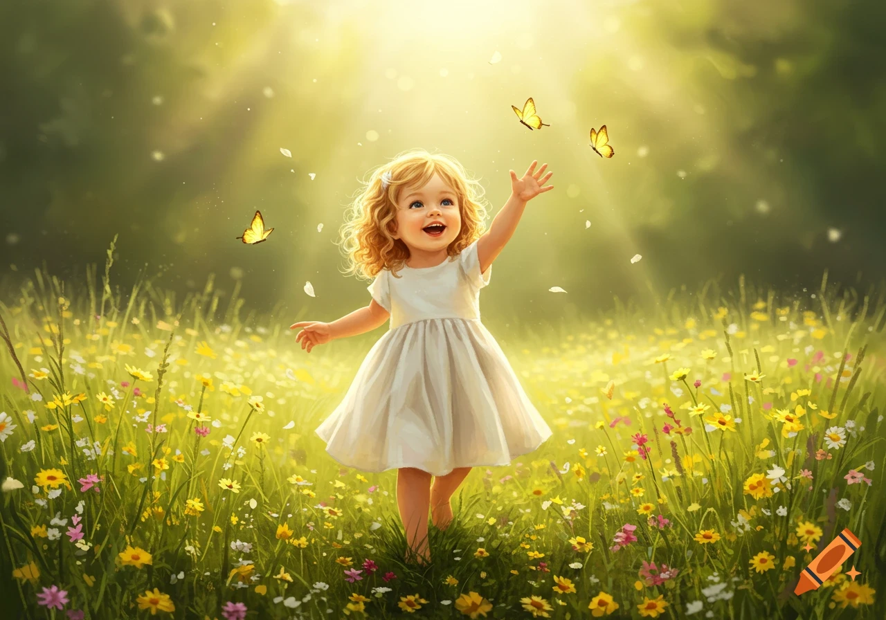 A joyful little girl in a white dress reaching for butterflies in a sunny meadow filled with colorful wildflowers.