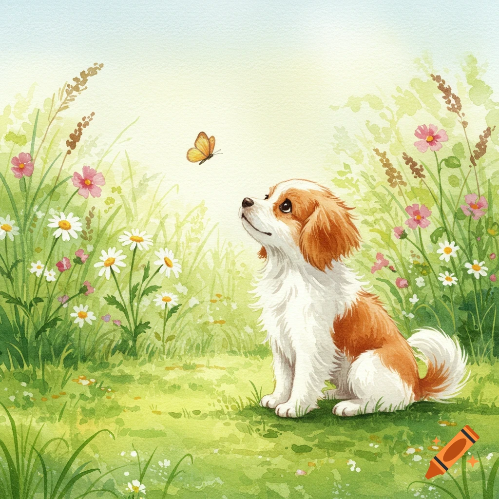 A watercolor painting of a cute brown and white puppy sitting in a green meadow, looking up at a yellow butterfly.