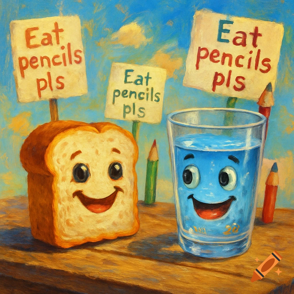 A whimsical painting of a happy slice of bread and a glass of water on a wooden table, holding signs that say 'Eat pencils pls'.
