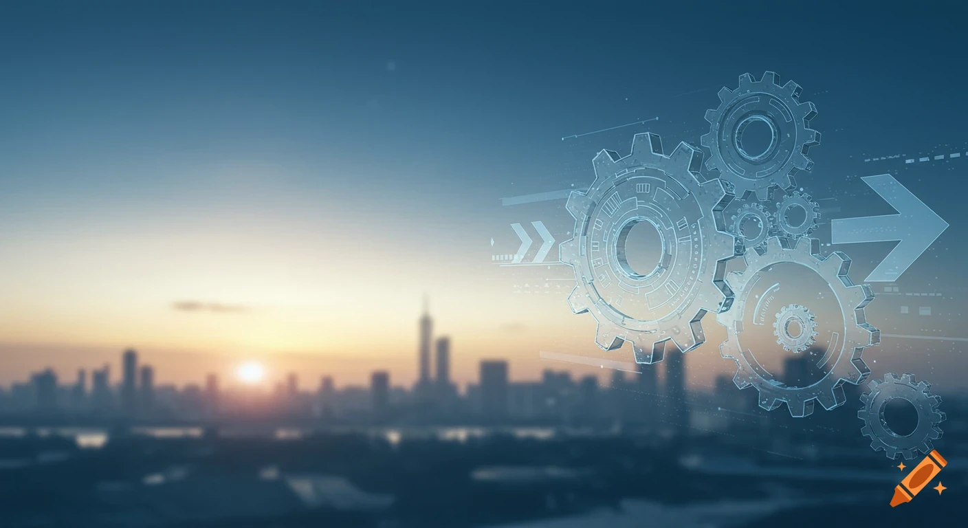 Holographic gears and an arrow overlaid on a blurred city skyline at sunset, representing technology and progress.