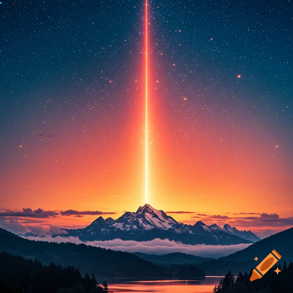 A dramatic red-orange light beam shoots from a snowy mountain peak into a starry night sky above a lake and forest at sunset.