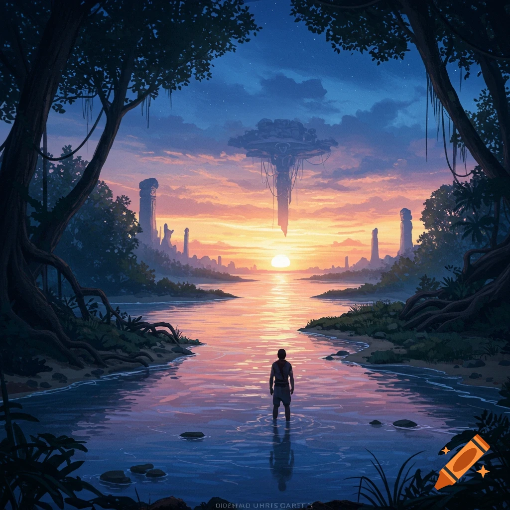 A person stands knee-deep in a river at sunset, framed by lush jungle, gazing at a futuristic floating city and ancient ruins in the distance.