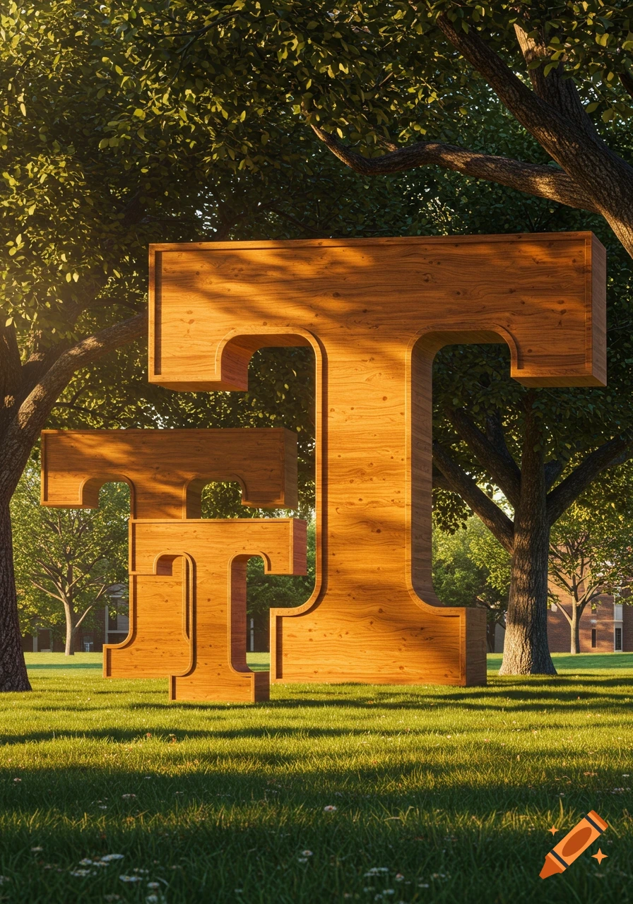 Three wooden University of Tennessee Power T logos stacked in a sunny park  with trees and grass. on Craiyon, image size:896x1280