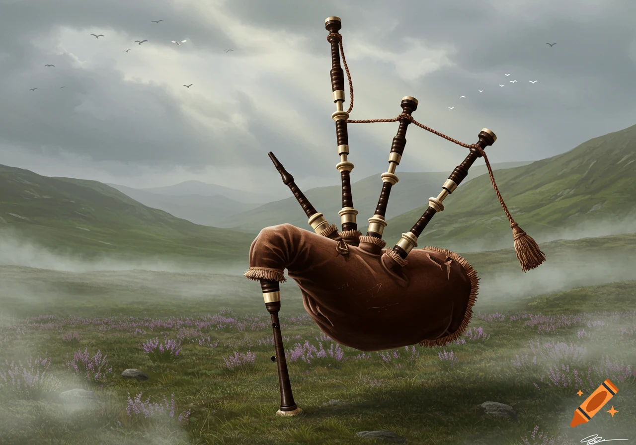 A detailed illustration of a bagpipe floating above a field of purple heather, with misty green mountains and a cloudy sky.