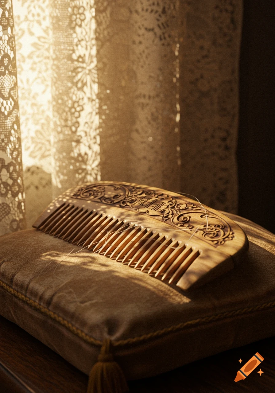 A carved wooden comb rests on a golden brown velvet pillow, illuminated by sunlight filtering through a lace curtain.