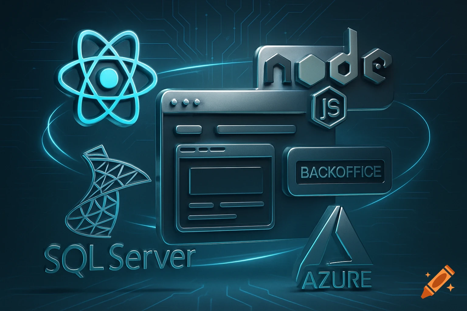 3D rendered icons of React, Node.js, SQL Server, Azure, and a backoffice interface, connected by glowing lines on a circuit board background.