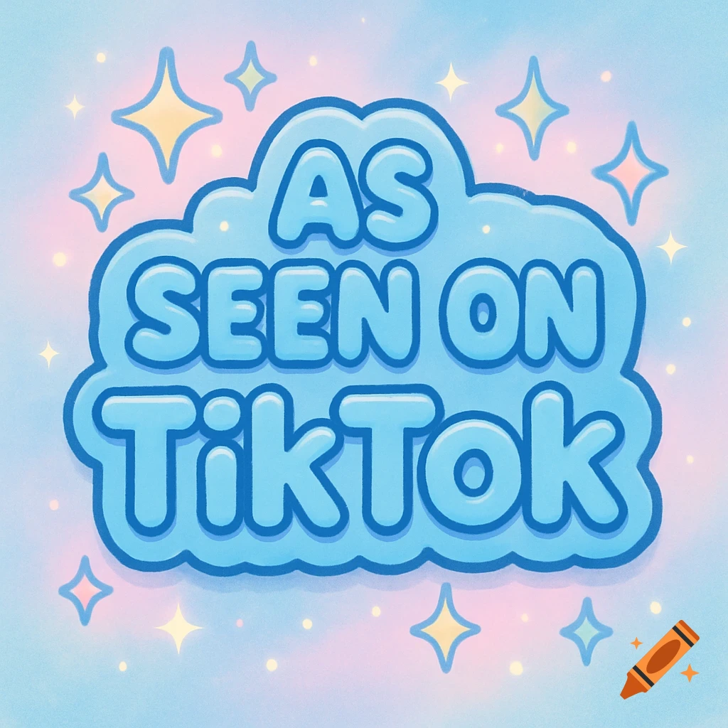 A blue kawaii cloud sign with 'AS SEEN ON TikTok' text and yellow sparkles on a pastel background.