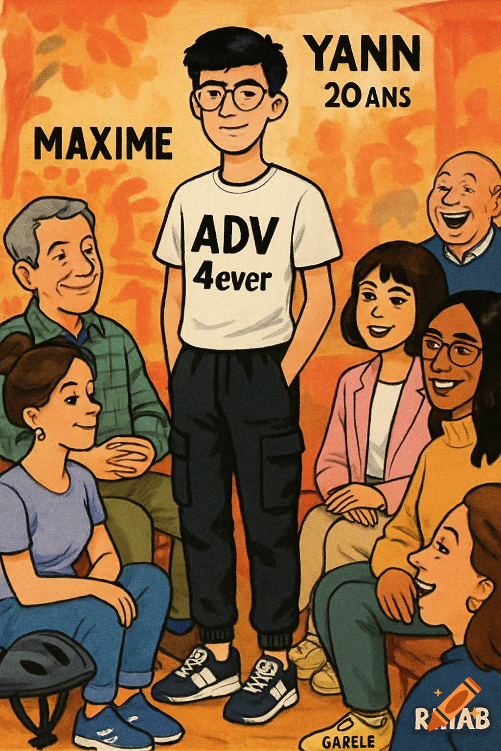 A cartoon-style group portrait of seven people, with Yann standing in the center wearing a white t-shirt with "ADV 4ever" on it. Other people are seated around him, with names "Maxime", "Rihab", and "Garele" next to some of them.