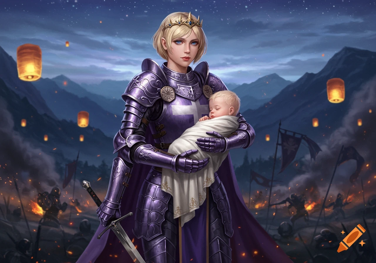 A blonde empress knight in purple armor with a crown holds her baby, standing on a burning battlefield at night with lanterns.
