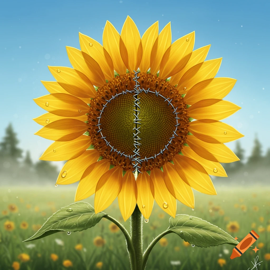 A sunflower with its center split down the middle and stitched back together, standing in a sunny field.