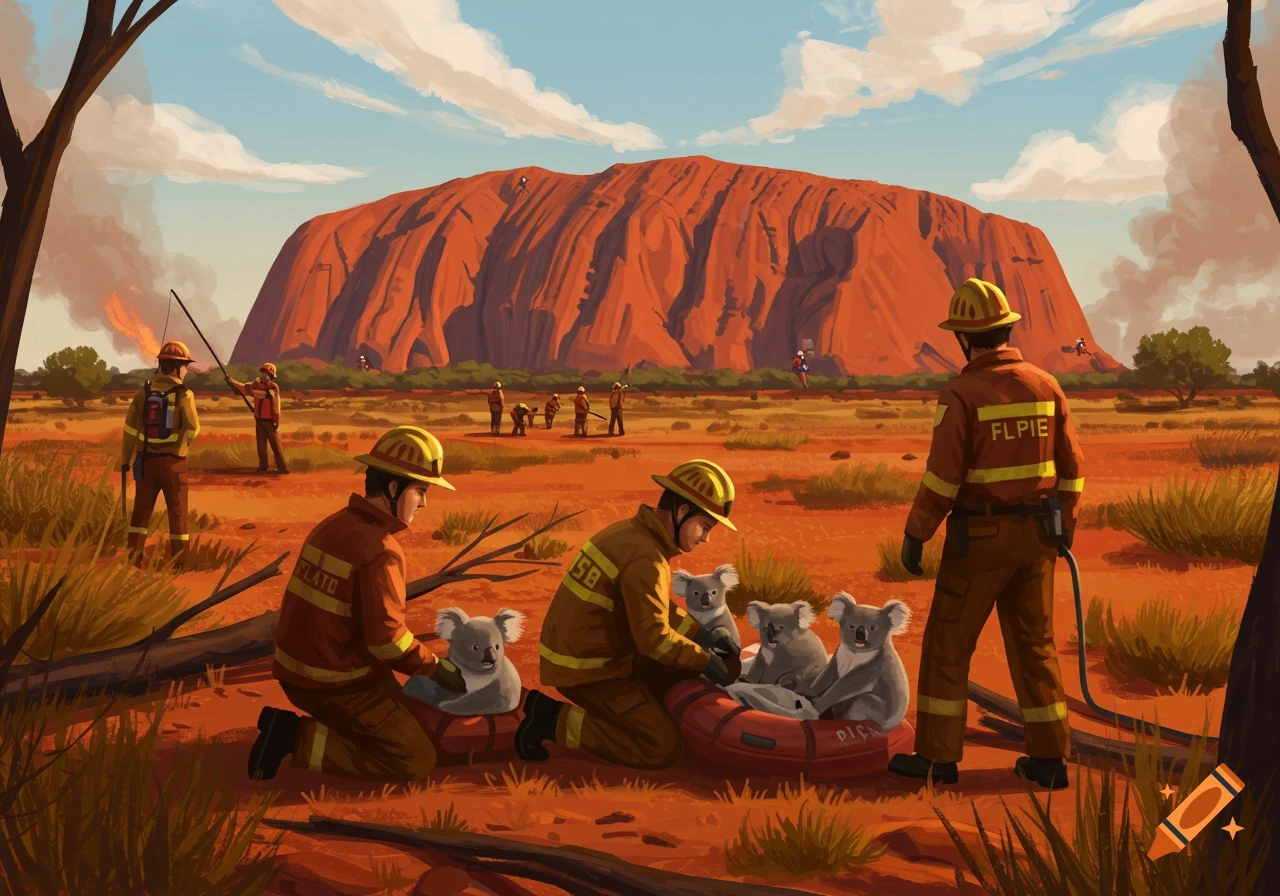 An illustration of firefighters rescuing koalas in red inflatable rafts in the Australian outback, with Uluru and distant fires in the background.