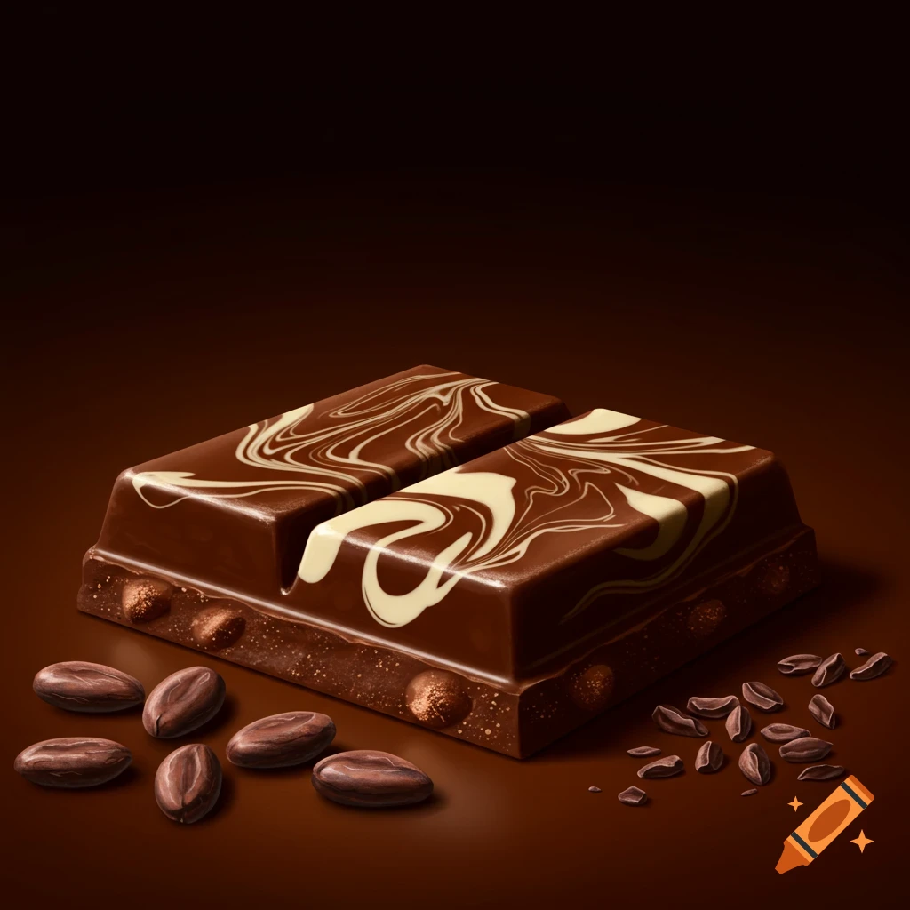 A photorealistic image of a segmented chocolate bar with white swirled decoration and scattered coffee beans on a dark brown surface.