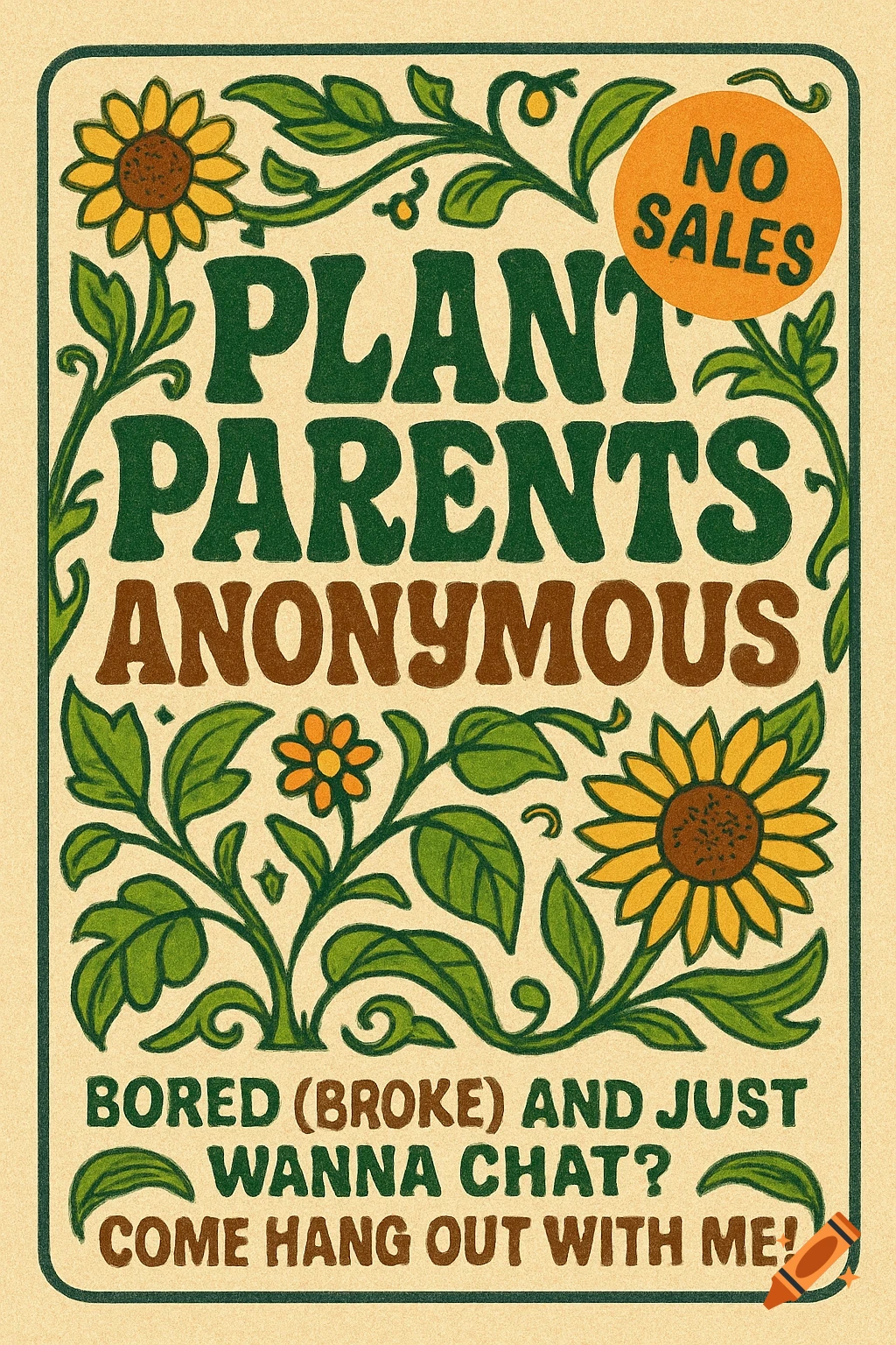 Retro-style flyer for Plant Parents Anonymous with sunflowers and vines, featuring text about connecting with other plant parents and a 'no sales' sticker.