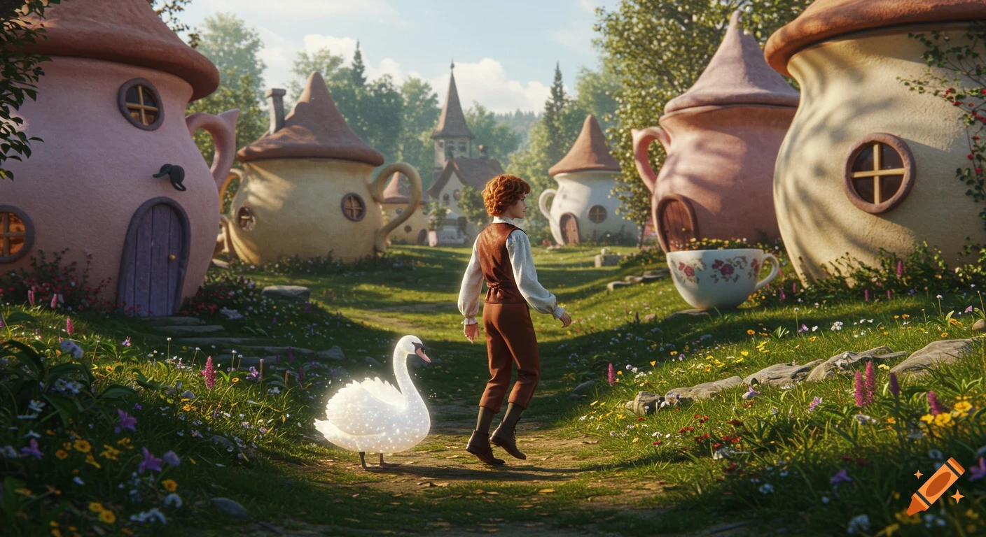 A young man with red hair walks with a glowing swan through a whimsical village of houses shaped like teacups and pots.