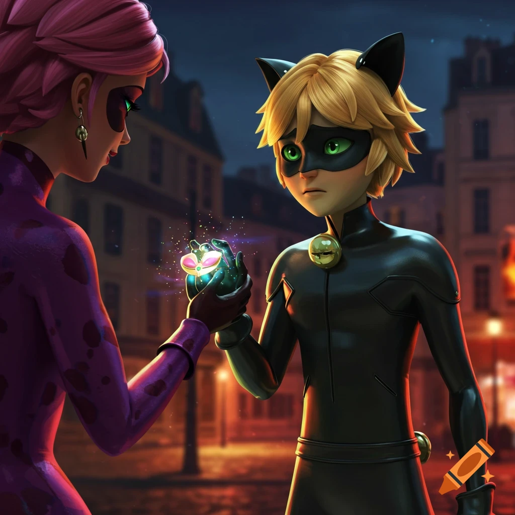 Reflekta and Cat Noir, in 3D animated style, exchange a glowing pink object on a nighttime city street.