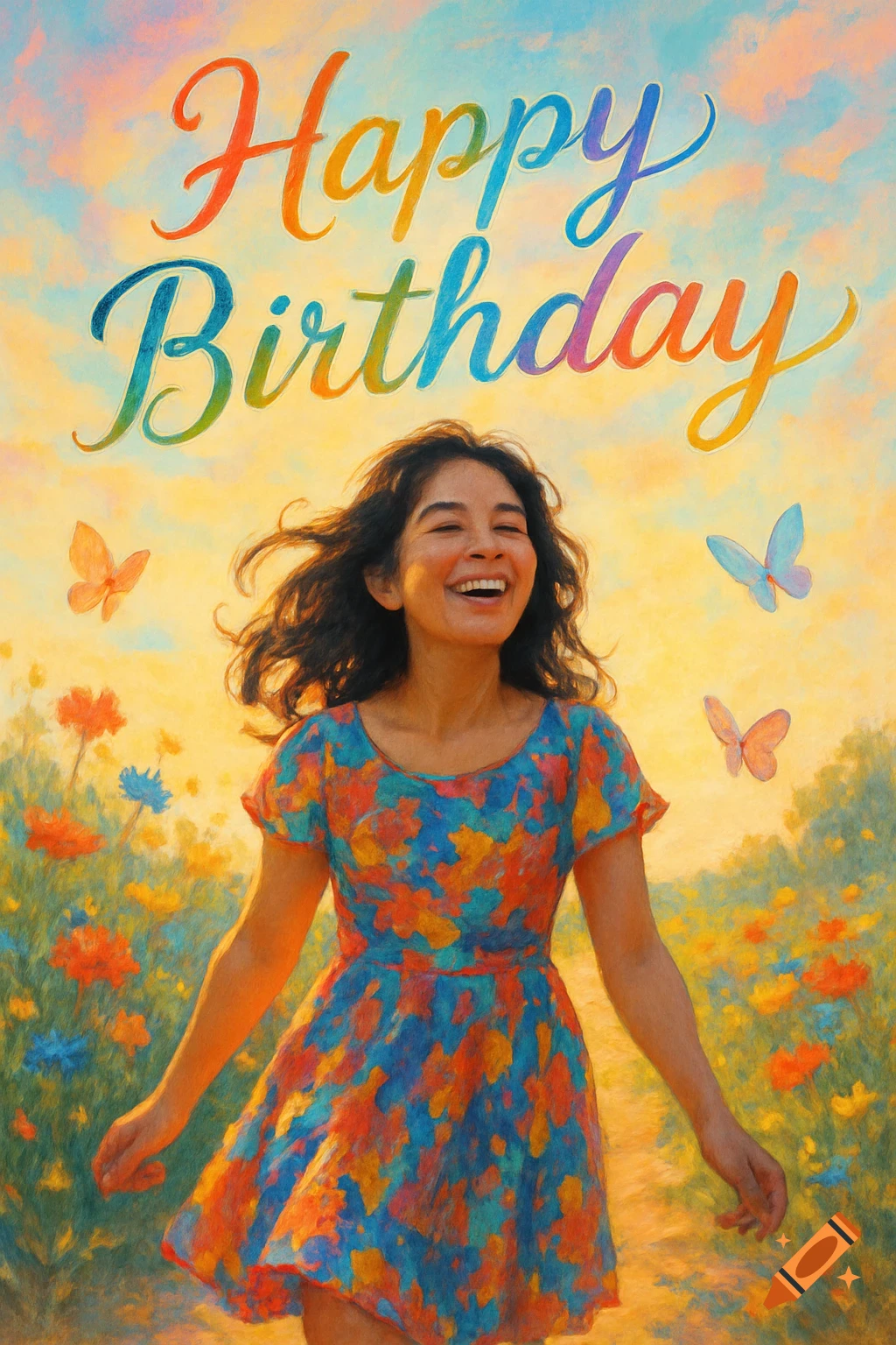 A vibrant painting of a happy woman in a floral dress laughing while walking through a field of colorful flowers under a sunny sky, with "Happy Birthday" text above.