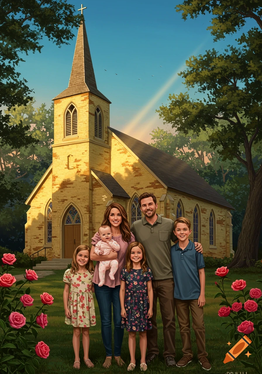 An illustrated family of six, including parents and four children, stand smiling in front of an old yellow brick church on a sunny day with roses and trees.
