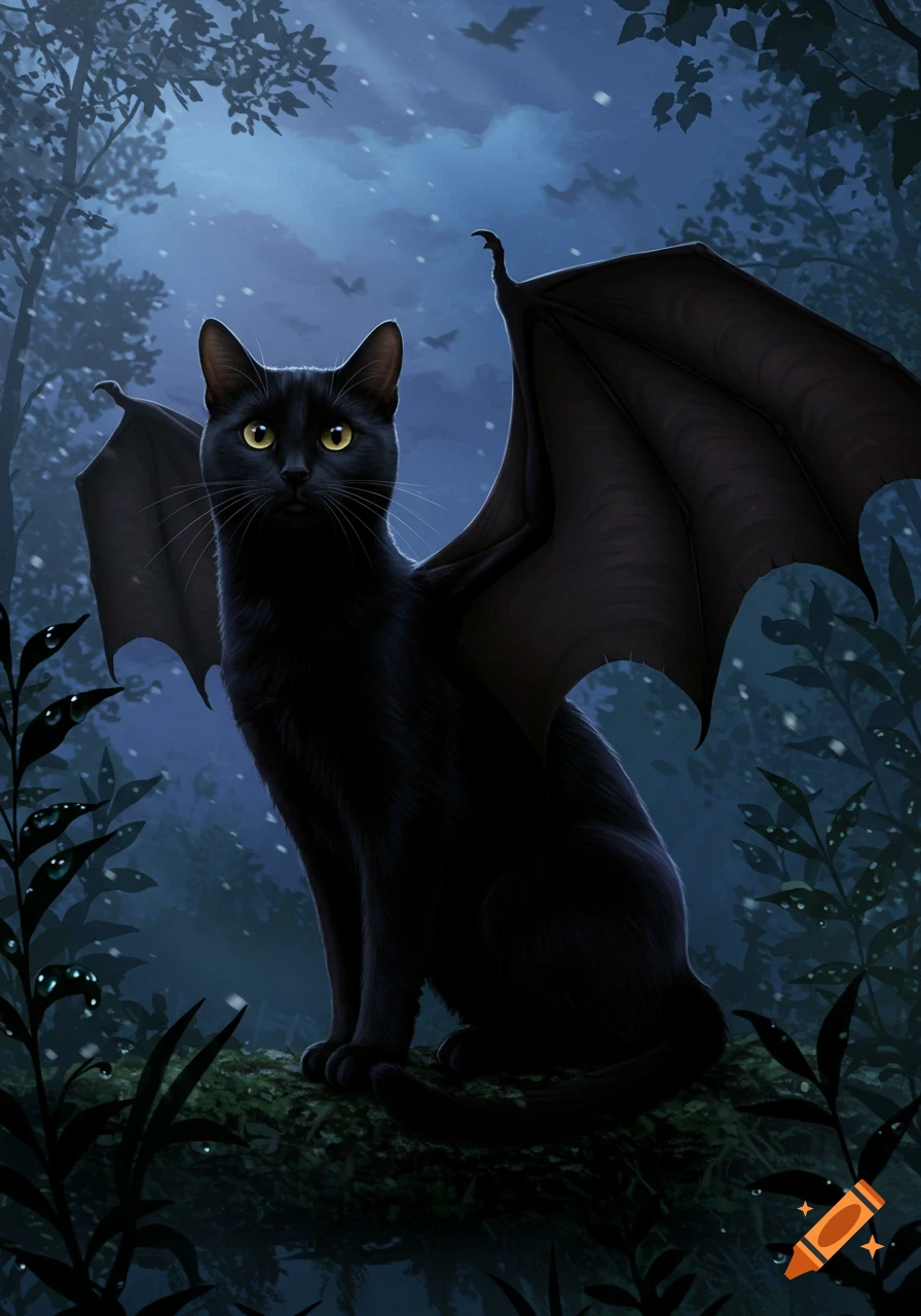 A black cat with bat wings sits on a mossy log in a dark, moonlit forest, with bats flying in the background.