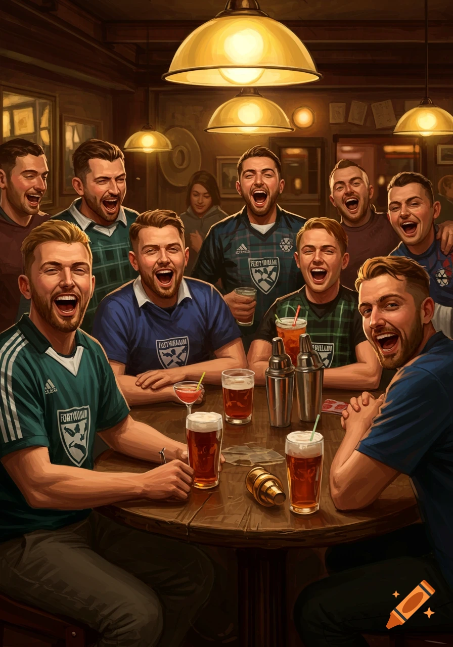 A group of happy men in team jerseys laughing and drinking beer at a wooden table in a dimly lit pub.